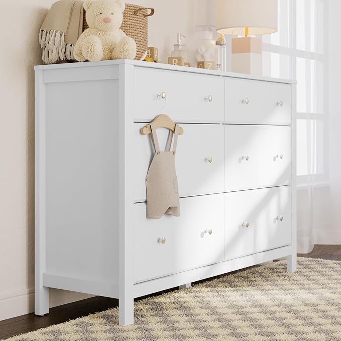 Storkcraft Horizon 6 Drawer Dresser (White) – GREENGUARD Gold Certified Dresser for Nursery & Kids’ Room, Modern Storage with Interlocking Drawer System