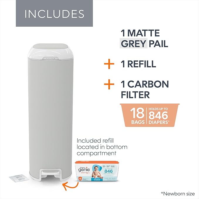 Diaper Genie Platinum Pail (Grey) is Made in Durable Stainless Steel and Includes 1 Easy Roll Refill with 18 Bags That can Last up to 5 Months.
