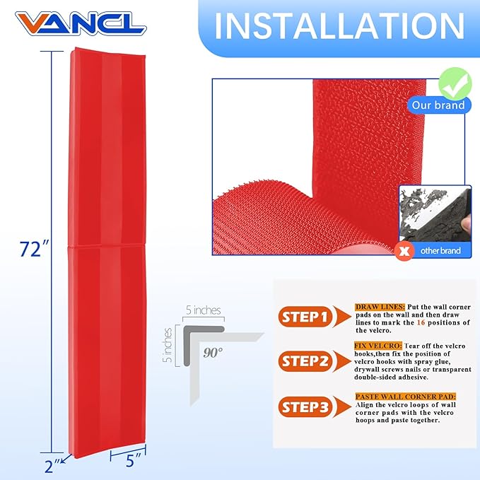 Wall Corner Pads Red 2" Thick Wall Corner Padding Heavy Duty Wall Corner Safety Padding Waterproof Durable 2 Sides Wall Corner Guards for Protector