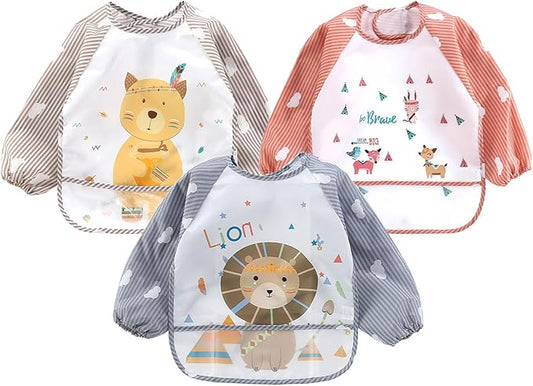 Waterproof Baby Bibs, 3 Pieces Bib with Sleeves EVA Long Sleeve Bib Boys Girls 6-36 Months, Waterproof Baby Bibs for Eating, Drinking, and Playing