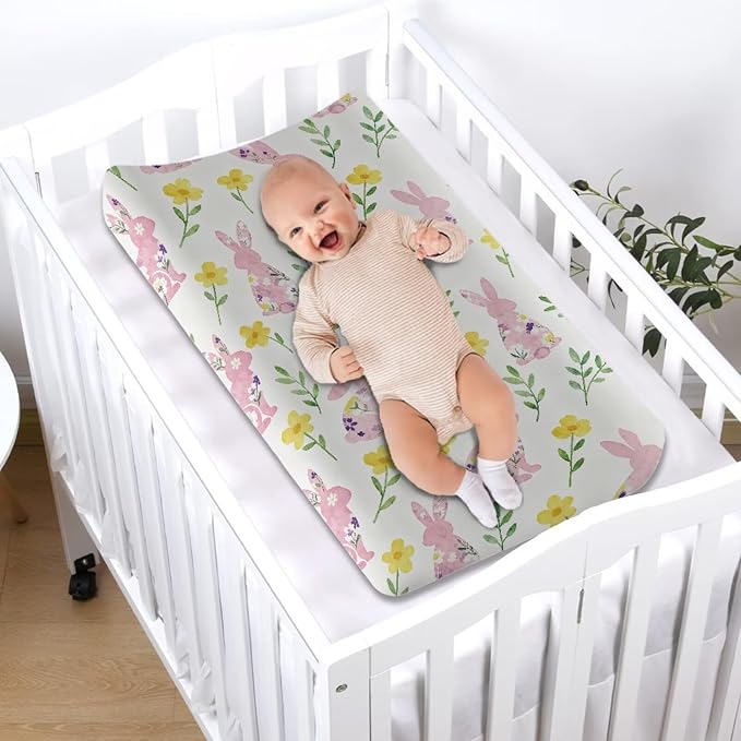 Rabbit Changing Table Pad Cover Flower Diaper Changing Pad Cover White Baby Changing Pad Cover 32''*16'' Diaper Changing Cover