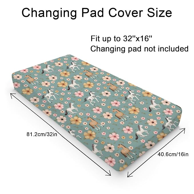 Watercolor Horse Boho Floral Changing Pad Cover Cute Horses Baby Diaper Change Table Pad Cover for Boys Girls Soft Breathable Stretch Snug Fitted Diaper Changing Mat Sheets Covers 32''x16'' Green