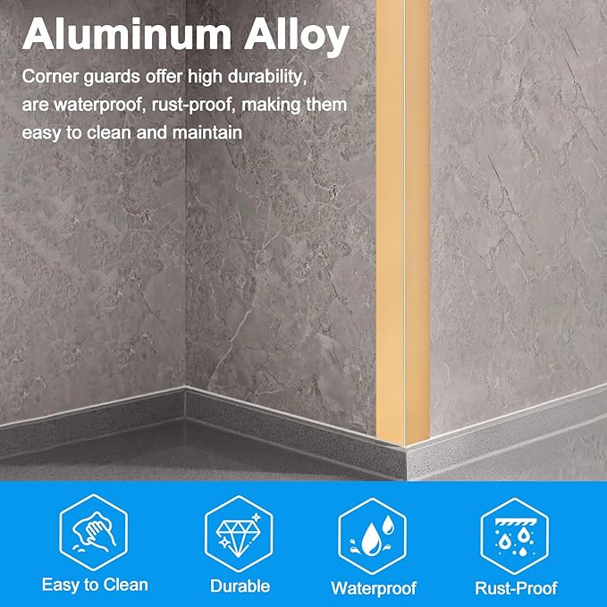 8Pack Aluminum Metal Corner Protector, 45″x 2″ Peel and Stick L Molding Corner Guards with 90° Angle, for Wall Door Frame Cabinet Furniture Baseboard Protection and Decoration (Gold)