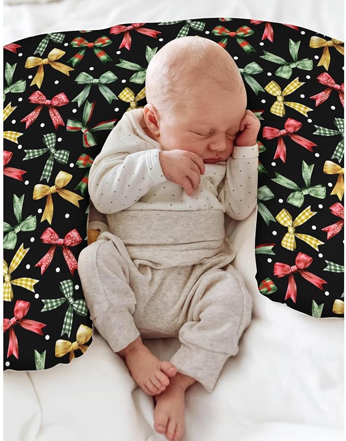 Christmas Bows Baby Nursing Pillow Covers for Boy Girl Winter Bows Plaids Nursing Pillow Slipcovers for Breastfeeding Pillows Girly Christmas Ribbons Soft Stretchy Removable Covers for Newborn Infant