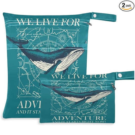 visesunny Blue Whale Adventure 2Pcs Wet Bag with Zippered Pockets Washable Reusable Roomy for Travel,Beach,Pool,Daycare,Stroller,Diapers,Dirty Gym Clothes, Wet Swimsuits, Toiletries