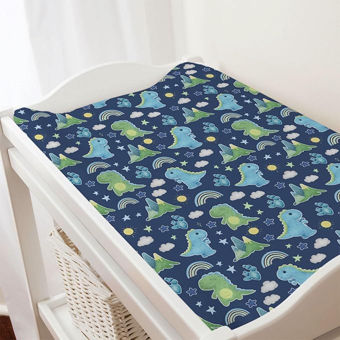 Dinosaur Rainbow Diaper Changing Pad Cover Sheets for Boy Girl 32''x16'' Cartoon Dino Sun Star Cactus Mountain Unisex Fitted Change Table Pad Covers Comfort Soft Breathable Baby Changing Table Mats