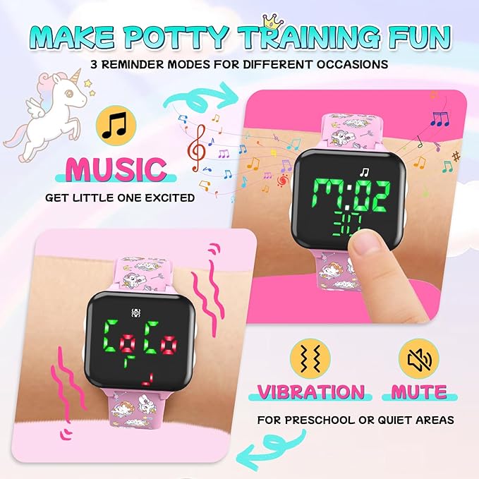 Potty Training Watch & Chart & Book for Kids: Upgrade 3 in 1 Toddler Potty Training Kit Rechargeable Toilet Reminder Unicorn Potty Training Chart with Reward Stickers for Toddler Girls (Pink)
