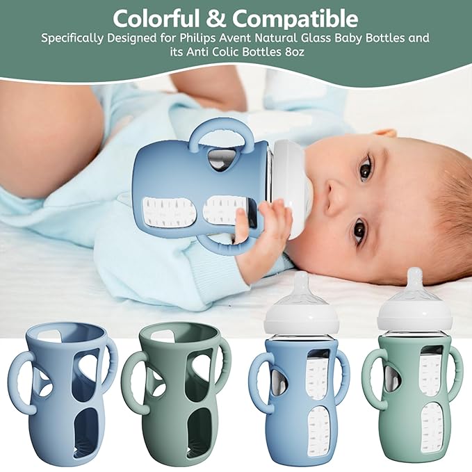 4 Pack Silicone Sleeves for Avent Natural Glass Bottles, Anti Breakage Baby Bottle Protector with Easy-Grip Handle, Compatible with Philips Avent Glass Natural Bottle 8 oz, Not for Infant Use