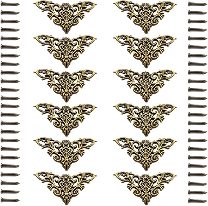 Furniture Decorative Edge Cover Antique Metal Carved Corner Protector for Jewelry Box, Album, Book, Cabinet, Desk etc. 12pcs Bronze