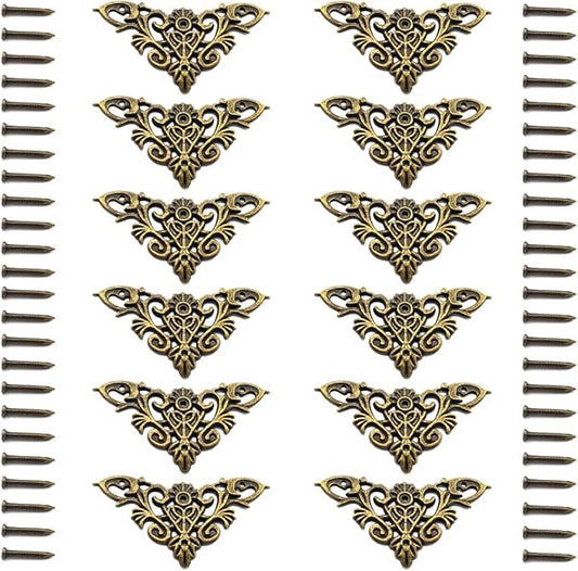 Furniture Decorative Edge Cover Antique Metal Carved Corner Protector for Jewelry Box, Album, Book, Cabinet, Desk etc. 12pcs Bronze