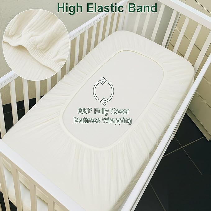 2 Pack Muslin Crib Sheets for Boys & Girl- Neutral Breathable Cotton Crib Mattress Sheets Fitted for Standard 28"x 52"- Nursery Décor Ivory & Emerald Green