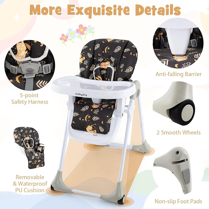 BABY JOY Convertible High Chair for Babies & Toddlers, Height Adjustable, Grow & Go High Chair w/Recline & Footrest, Removable Double Tray, Portable Baby Dinning Chair with Wheels (Forest Black)