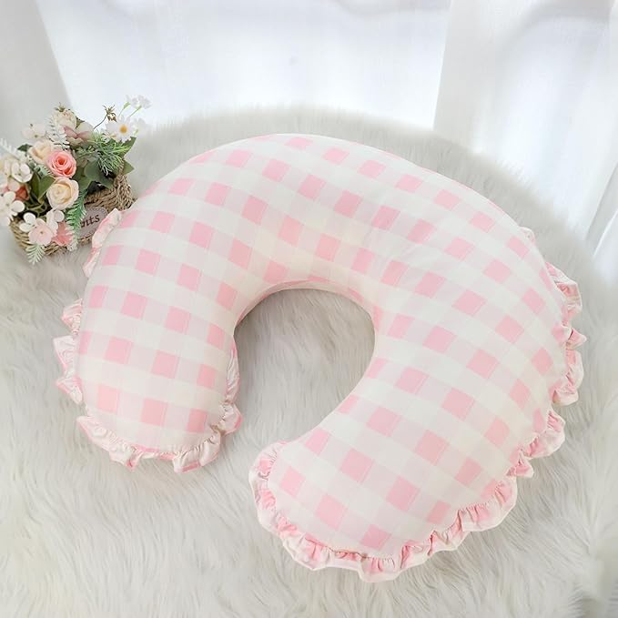 DILIMI Nursing Pillow Cover, Removable Ruffled Pillowcase for Breastfeeding Pillows, Ultra Soft Comfortable Slipcover for Baby Girl and Boy, Pink Gingham