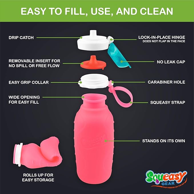 Pink 16 oz Squeasy Snacker Spill Proof Silicone Reusable Food Pouch - for Both Soft Foods and Liquids - Water, Apple Sauce, Yogurt, Smoothies, Baby Food - Dishwasher Safe