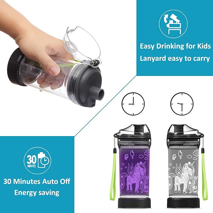 Attivolife Unicorn Water Bottle, Light up Cup for Kids Time Marker with 7 Color Changing LED Light - 14 OZ BPA Free - Unique Travel Cup Drink Day Gift for School Kid Girl Child Holiday Camping Picnic