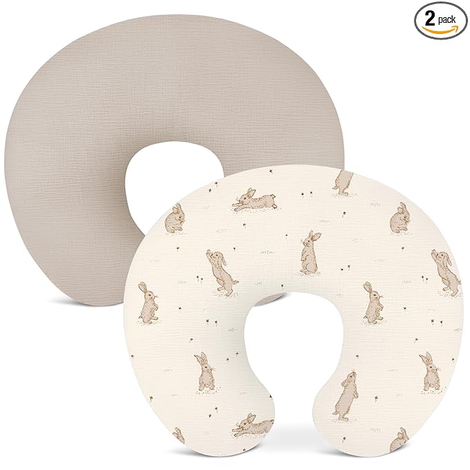 Nursing Pillow Covers 2 Pack, Muslin Nursing Cover for Breastfeeding Pillows, Comfortable for Baby Girls and Boys (Rabbit B & Beige)