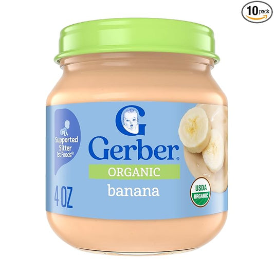 Gerber Stage 1 Baby Food, Organic Banana Jar, Fruit Baby Food, Banana Puree, Non-GMO, 10PK