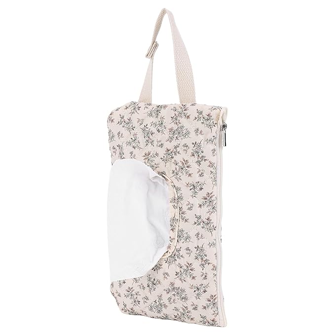 Quilted Baby Wipe Holder, Canvas Floral Quilted Pouch with Hanging Strap, Portable Diaper Wipe Holder for Travel Stroller-Polka Dots