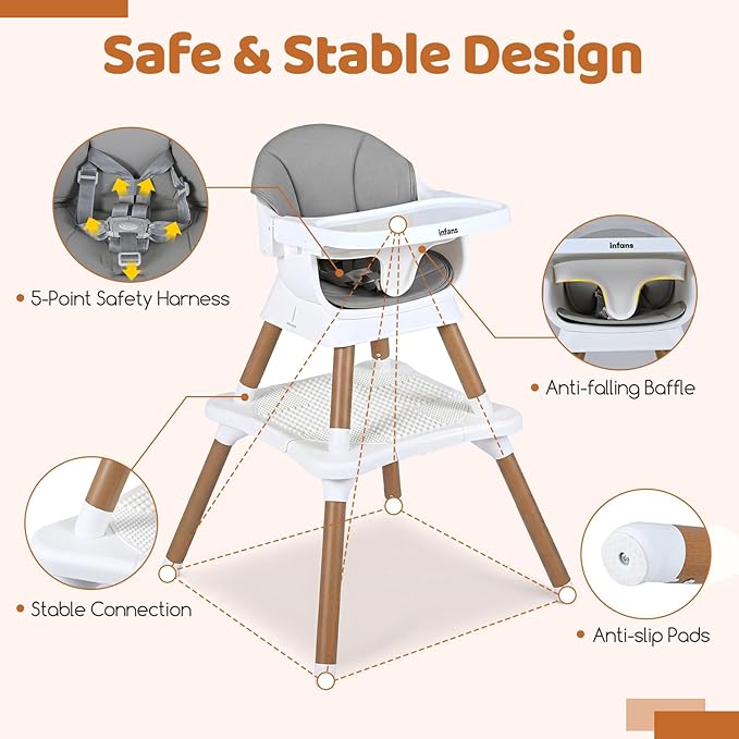 INFANS Baby High Chair, 9 in 1 Convertible Highchair for Babies and Toddlers, Building Block Table Dining Booster Seat Activity Desk Kids Stool with Adjustable Removable Tray (Light Grey)