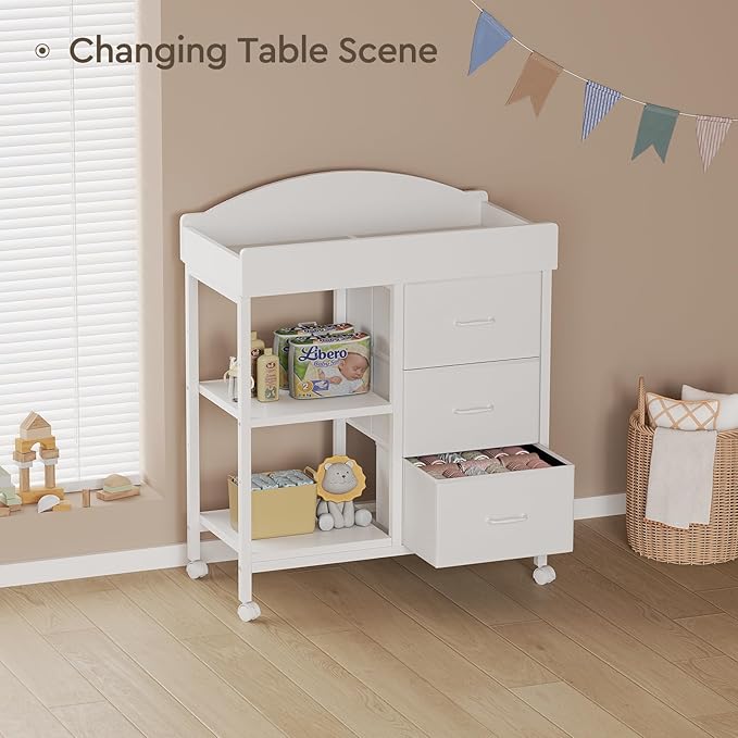 YeTom Changing Table Dresser, Baby Dresser with 3 Fabric Drawers and 2 Shelves, Multi-Functional Baby Changing Table with Pad, Classic Nursery Dresser, Diaper Changing Station for Nursery, White