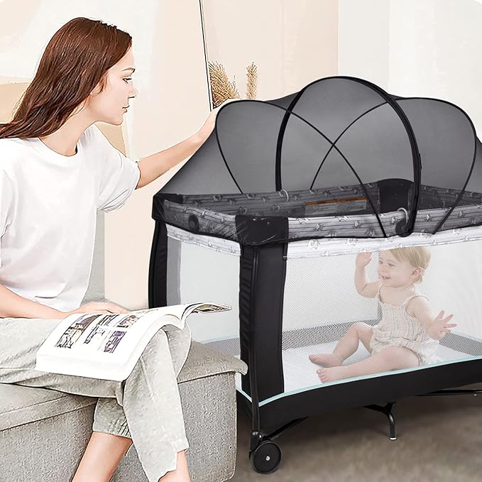 Beberoad Love Pack N Play Cover, Playpen Mosquito Net Cover with 2-Way Zipper (Black)