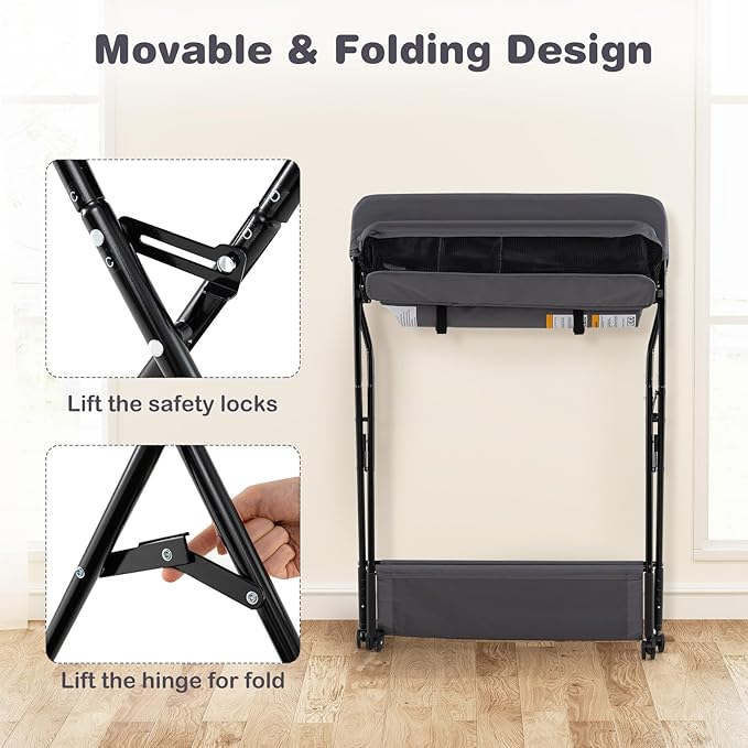 INFANS Baby Changing Table with Wheels, Portable Folding Diaper Station Nursery Organizer with Storage Basket, Hanging Rack, Adjustable Height, Safety Belt for Newborn Infant (Gray)