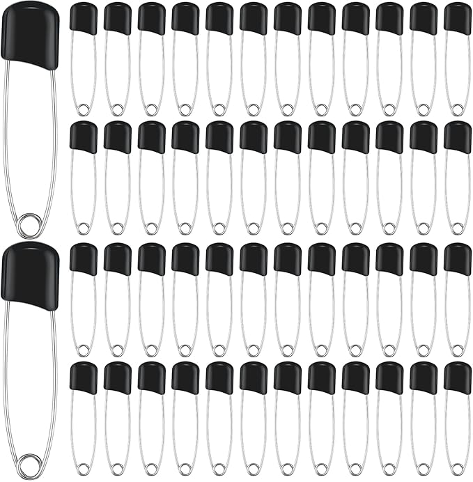 WILLBOND 100 Pcs Safety Pins 2.2 Inch Plastic Head Cloth Pins with Locking Closures Stainless Steel with Velvet Bag, Black