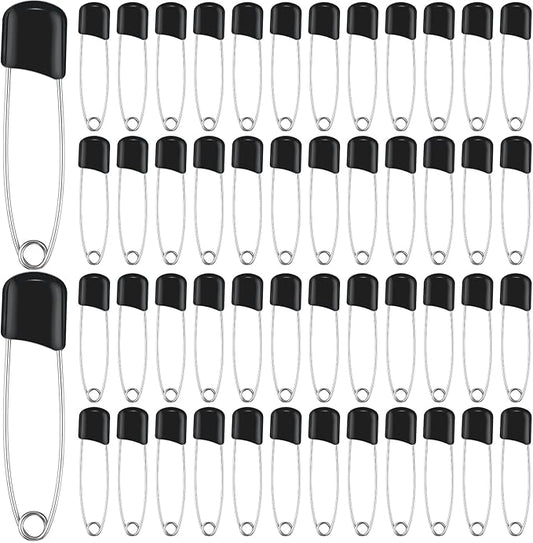 WILLBOND 100 Pcs Safety Pins 2.2 Inch Plastic Head Cloth Pins with Locking Closures Stainless Steel with Velvet Bag, Black