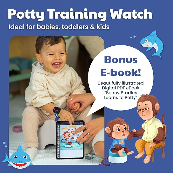 Potty Training Watch for Kids V4 – A Water Resistant Toilet Reminder Device for Boys & Girls to Train Your Toddler with Fun/Musical & Vibration Interval Reminder with Potty Training eBook (Shark)