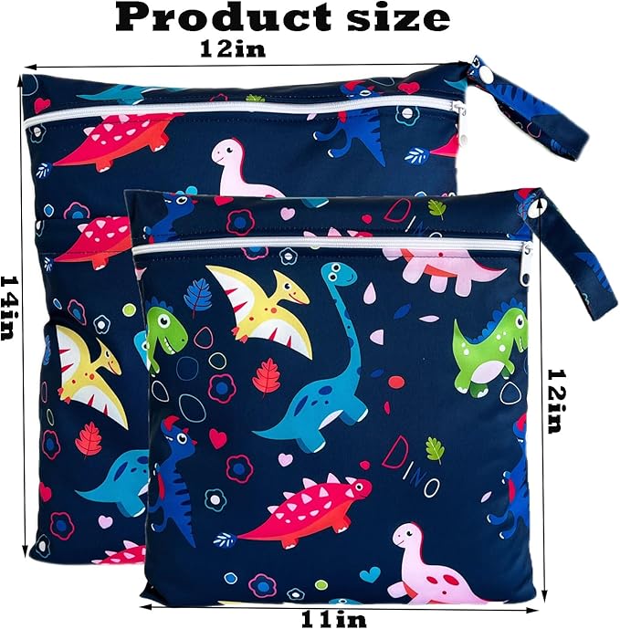 Wet Dry Bag for Cloth Diapers, 2PCS Waterproof Reusable Wet Bag with Zippered Pockets, Washable, Reusable for Travel, Beach, Pool, Stroller, Diapers, Dirty Gym Clothes, Swimsuits, 14x12In & 12x11In