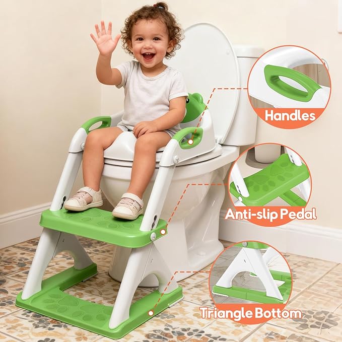 Potty Training Seat with Step Stool Ladder, Toddler Toilet Seat for Boys Girls, Adjustable 6 Heights Fits Round & Elongated Toilets, Anti-Slip Pads & Leak-Proof Guard