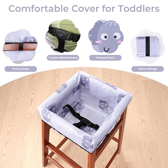 COOLBEBE Baby High Chair Cover with 3-Point Harness, Waterproof & Machine Washable Portable Seat Cover, Fits Wooden Chairs for Restaurant, Travel, Home & Dining Out, Grey