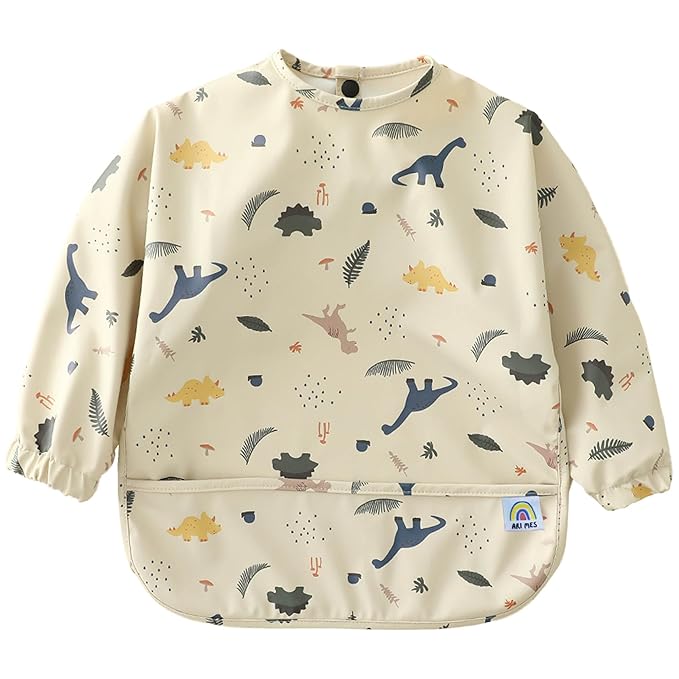 ARI MES Waterproof Long Sleeve Baby Bib for Eating-Dinosaur Pattern, Medium-Toddler Smock with Catch-All Pocket, BPA Free, Machine Washable, Wearable Feeding Bib for Boys & Girls 6-72 Months