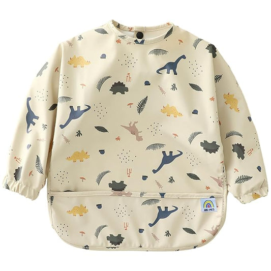 ARI MES Waterproof Long Sleeve Baby Bib for Eating-Dinosaur Pattern, Small-Toddler Smock with Catch-All Pocket, BPA Free, Machine Washable, Wearable Feeding Bib for Boys & Girls 6-72 Months