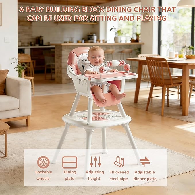Convertible 4-in-1 Baby High Chair with Block Table, Infant to Toddler Feeding Chair with Play Tray & Built-in Toys, Removable PU Cushion, Easy to Clean Dining & Activity Chair–Pink