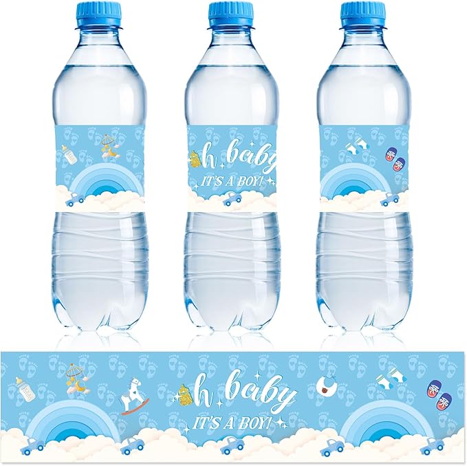 NQEUEPN 50pcs Baby Shower Water Bottle Labels, Waterproof Decorative Water Bottle Labels Personalized Water Bottle Wrap Stickers for Baby Shower Party Decorations (Boys Style 2)