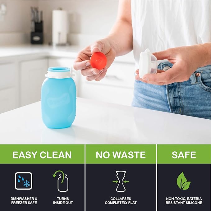 Red 6 oz Squeasy Snacker Spill Proof Silicone Reusable Food Pouch - for Both Soft Foods and Liquids - Water, Apple Sauce, Yogurt, Smoothies, Baby Food - Dishwasher Safe