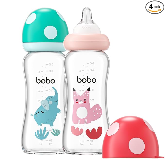 YOHKOH Natural Glass Baby Bottle with Level 2 Medium Flow Nipple, Newborn Anti-Colic Baby Bottles, Wide Neck Mushroom Baby Glass Bottle (8.8ounce (Pack of 2), Multicolour2)