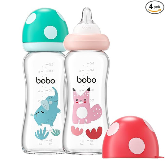 YOHKOH Natural Glass Baby Bottle with Level 2 Medium Flow Nipple, Newborn Anti-Colic Baby Bottles, Wide Neck Mushroom Baby Glass Bottle (8.8ounce (Pack of 2), Multicolour2)
