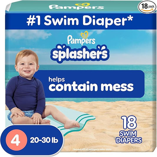 Pampers Swim Diapers - Splashers - Size 4, 18 Count, Gap-Free Disposable Baby Swimming Pants