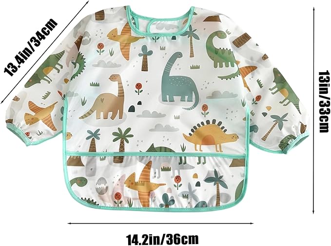 PandaEar 3 Pack Baby Long Sleeve Bibs, Waterproof Toddler Smock for Eating & Arts, Sleeved Bib with Elastic Cuffs & Pocket, Fits 6-36 Months (Whale/Dinosaur)