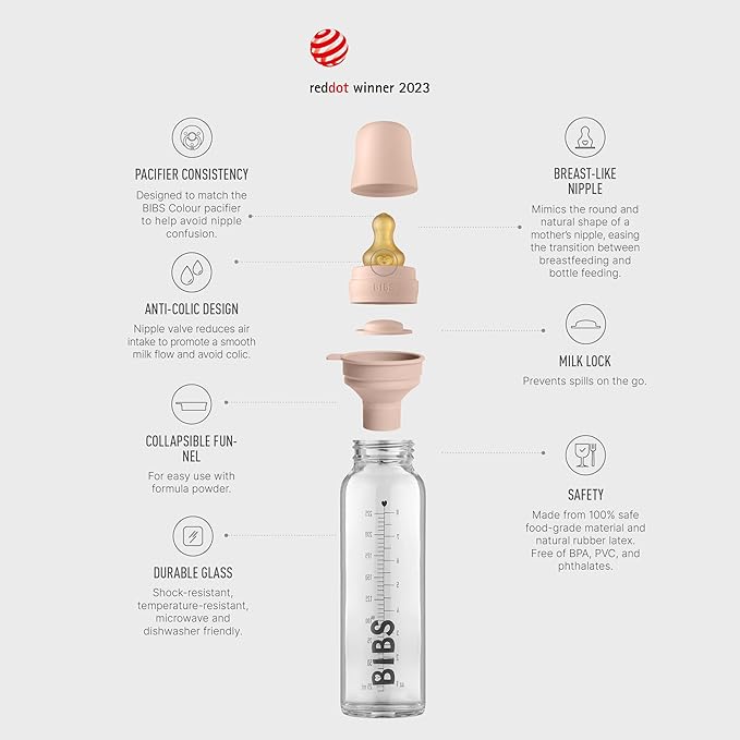 Bibs Baby Glass Bottle | Anti-Colic Borosilicate Glass Bottles | Natural Vented Round Natural Rubber Latex Nipple | Consistent Flow Rate | 7.6 oz/225 ml | 2 Pack | Blush