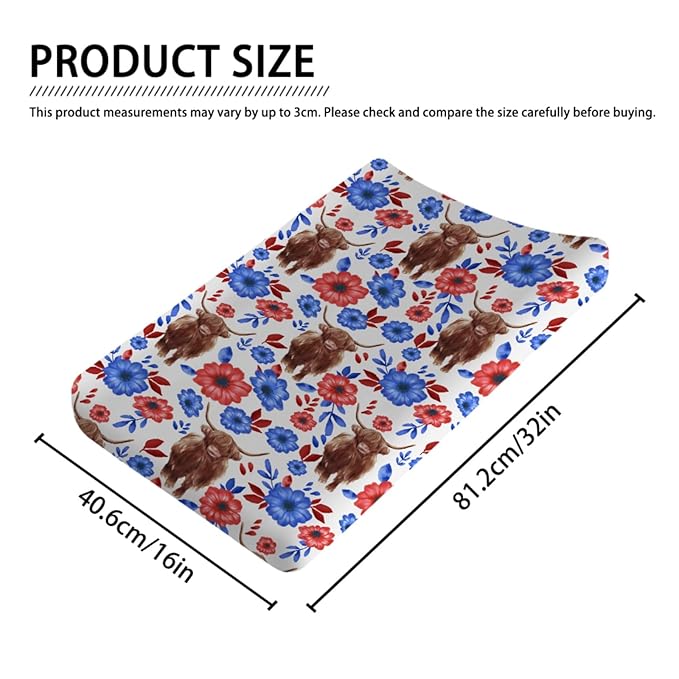 Highland Cows Floral Changing Pad Covers Highland Yak Flowers Leaves Diaper Change Table Pad Covers for Baby Girls and Boys Soft Breathable Stretch Changing Table Cover 32''x16'' Blue Red Flowers