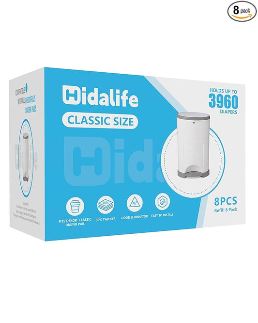 HIDALIFE Refills Compatible with Dekor Classic Diaper Pails, Disposable Diaper Trash Bags, Extra Thick Diaper Pail Refill Liners, Hold Up to 3960 Diapers (8 Pack)