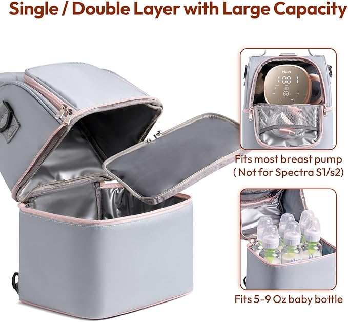 NCVI Breastmilk Cooler Bag with 2 Ice Pack, Breast Pump Bag with Cooler Fits 6 Bottles, Double Layer Breast Milk Baby Bottle Cooler Bag, for Travel, Nursing Mom Daycare, Work, Picnic (Grey)