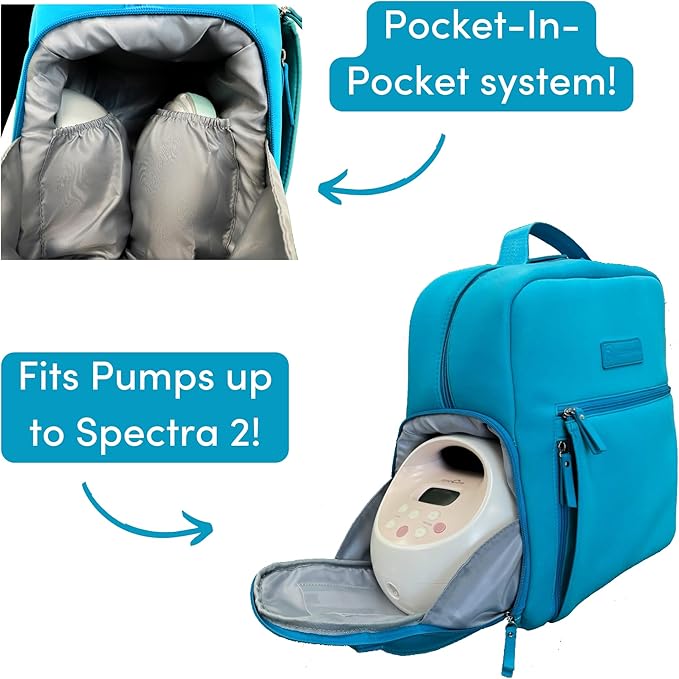 Sarah Wells Fiona Breast Pump Backpack – Machine Washable Neoprene Pump Bag with Insulated Milk Storage, Laptop Pocket & Adjustable Straps – Stylish Breastfeeding Backpack for Work & Travel (Sky)