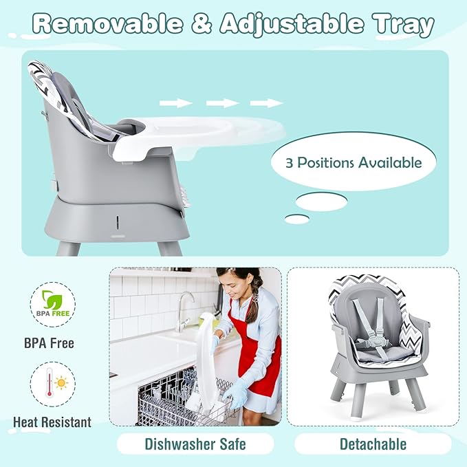 HOMGX Baby High Chair, 8-in-1 Convertible High Chair w/Removable Tray & Safety Harness, Infant Dining Booster Seat, Building Block Table & Chair Set, Highchair for Babies and Toddlers (Wave Grey)