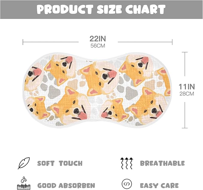 Muslin Burp Cloths for Baby Boys and Girls - 2-Pack Ultra Absorbent Shiba Inu Dog Muslin Washcloths, Newborn Towel, Milk Spit Up Rags, Burp Cloth Bibs for Unisex, 22 x 11 Inch