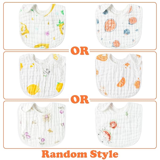 Zainpe 6Pcs Snap Muslin Cotton Baby Bibs Strawberry Lemon Avocado Pattern Infants Feeding Bib Adjustable Machine Washable Unisex Burp Cloths with 6 Absorbent & Soft Layers for Drooling and Teething