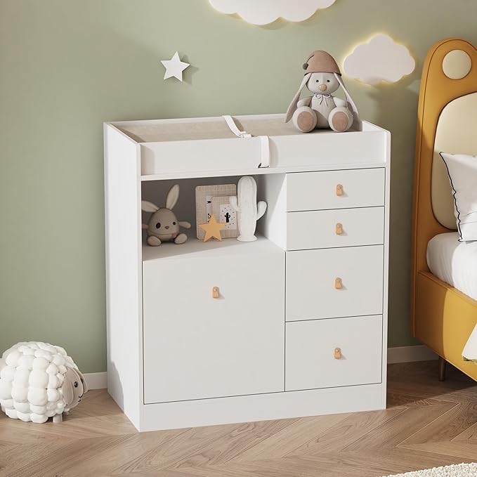 Baby Changing Table Dresser with 5 Drawers, Baby Nursery Dresser with Laundry Basket, Infant Changing Station Organizer for Nursery and Bedroom, White (33.5" W x 18" D x 37" H)